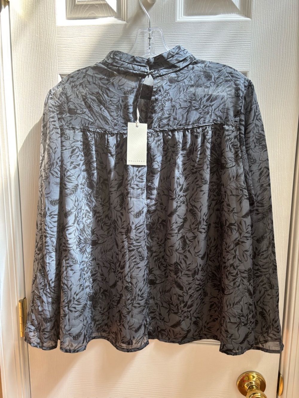 Melloday Sheer Lined Bluish/Gray Mock-neck Top w/ Black Floral, Size XL, NWT - Picture 4 of 4